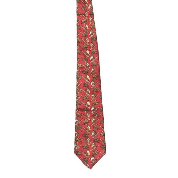 Salvatore Ferragamo Mens Boat Print‎ Palm Trees 100% Silk Luxury Neck Tie Red - Picture 1 of 7